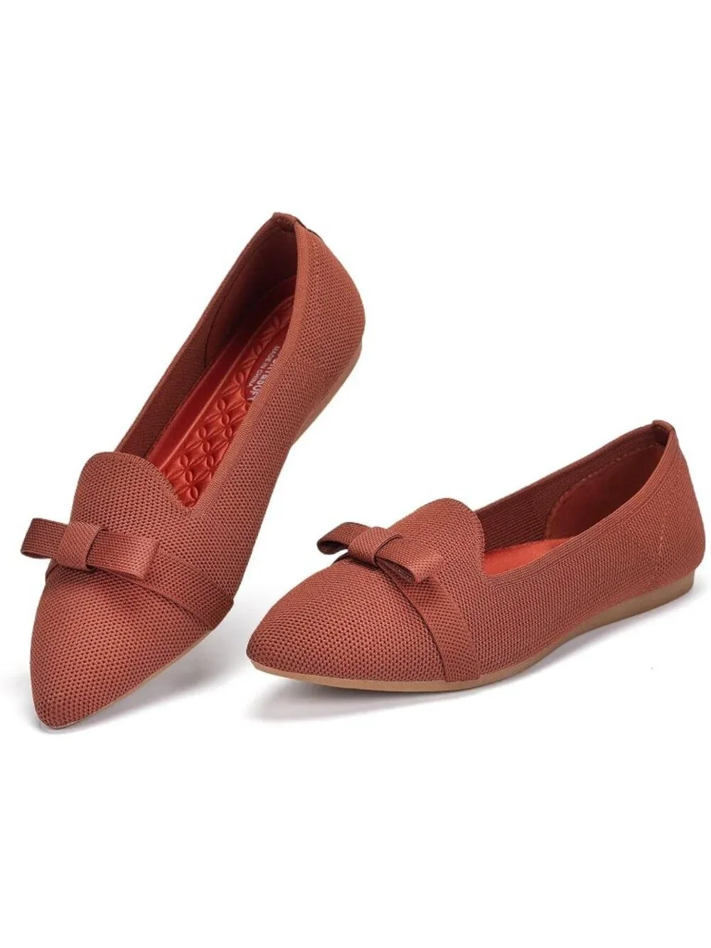 Women's Orange Comfortable Knit Casual Pointed Toe Ballet Flats with Bow Shoes